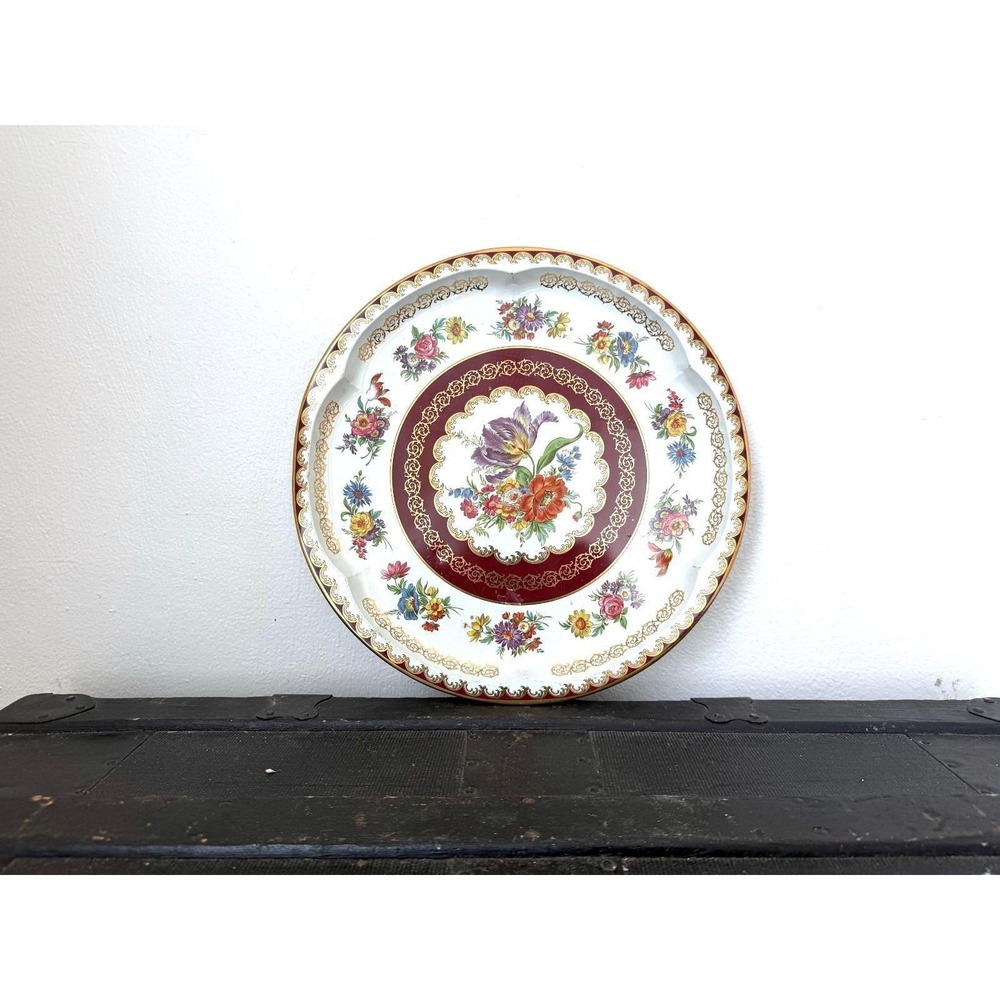 Vintage Daher Decorated Ware‎ Floral Metal Plate – Gold Trim Autumn Colors